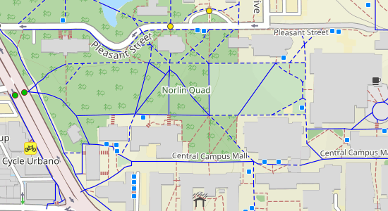 A map showing cycle paths around UC Boulder campus