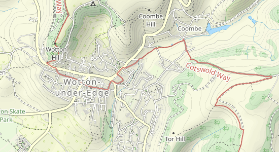 A map of Wotton-Under-Edge highlighting the Cotswold Way