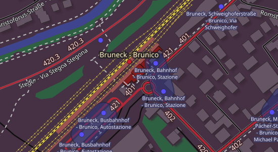 A map showing bus routes and railways in Bruneck